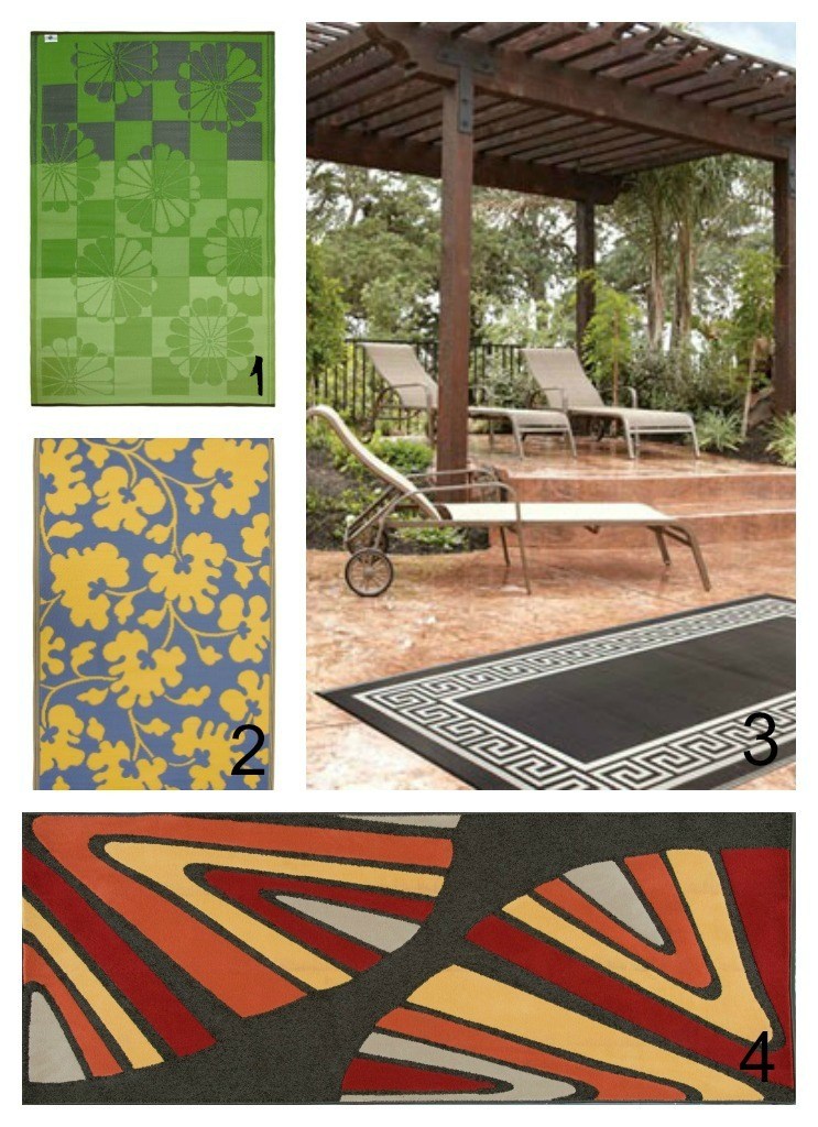 1. Tahiti-Green, Fab Habitat; 2. Oslo and Amber, Fab Habitat; 3. Athens- Black and Cream; 4. Seashell- Delos Rugs