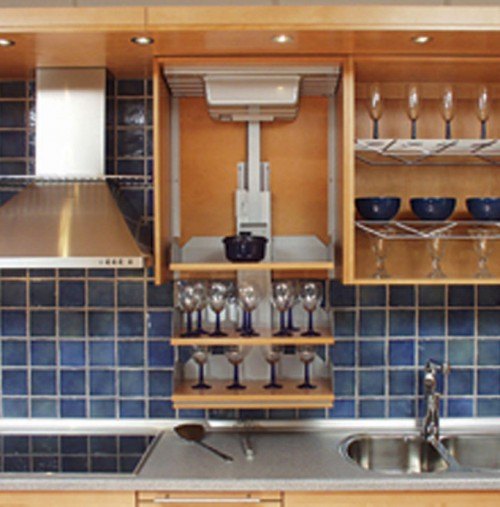 a kitchen with upper shelf lift for baby boomers 