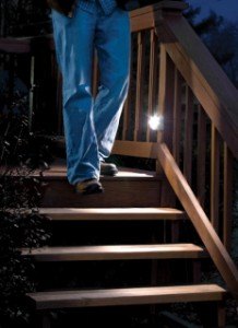 outdoor wooden stairs with stair light