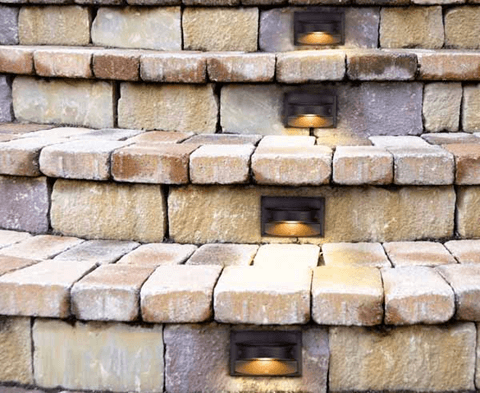 brick steps with step lights on
