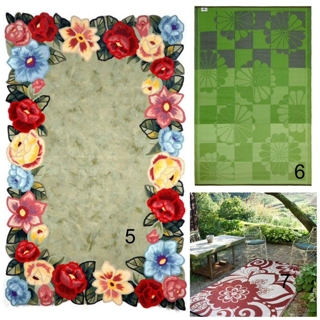 5. Crochet Flower Border- Green, Liora Manne; 6. Tahiti- Green, Fab Habitat; 7. Maui- Cranberry- Fab Habitat
