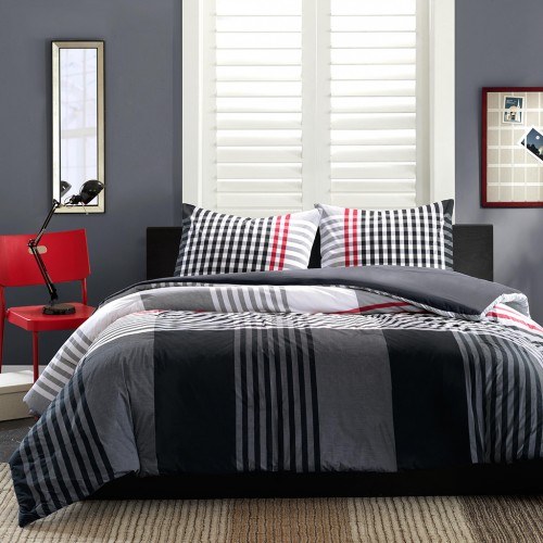 bed with black and red checkered bedding