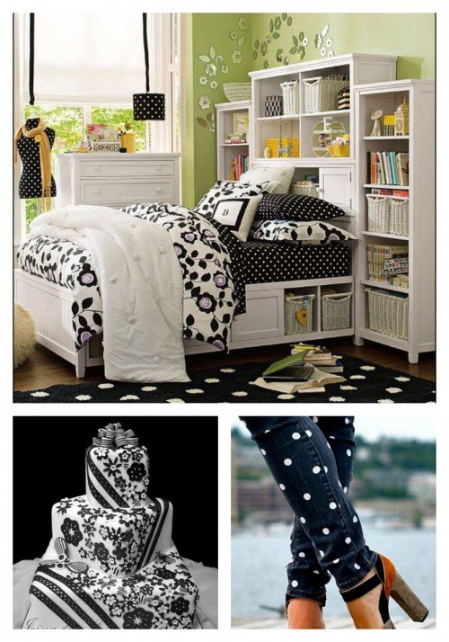 green bedroom with black and white themed furniture and bedding