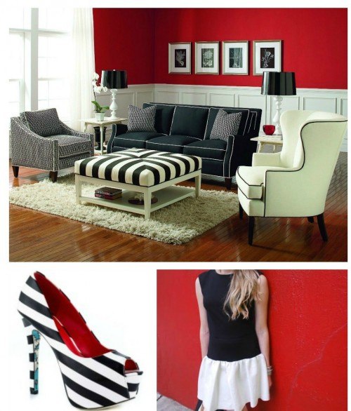 black and white sofa in a living room with red walls