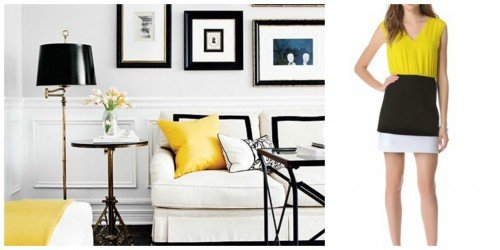 black and white themed room with yellow accent