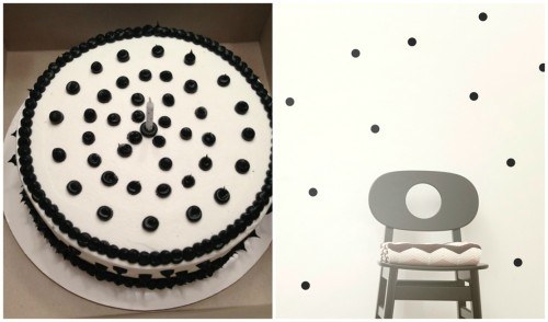 white cake with black dots and white wall with black dots