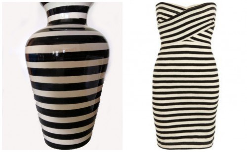 vase and dress with black and white stripes