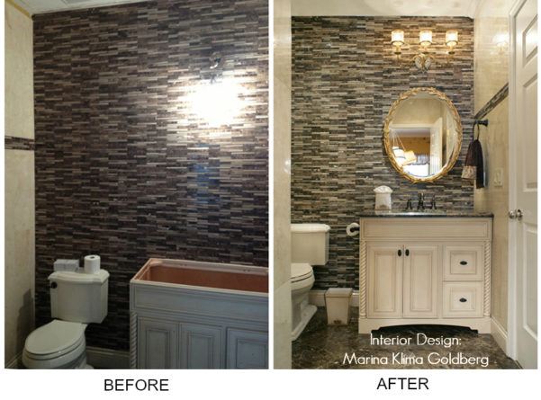 natural stone tiles on the back wall. before and after 