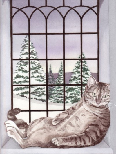 cat in front of the window artwork keeping warm in winter 