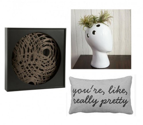 collage image of artwork, vase and pillow