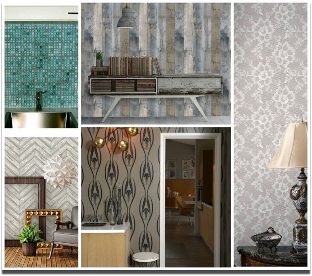 a collage of rooms with beautiful wallpaper