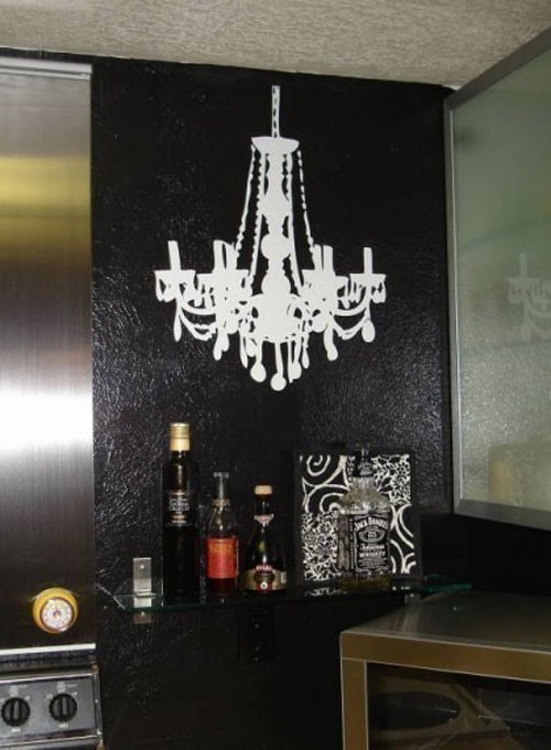 black wall with big white chandelier sticker