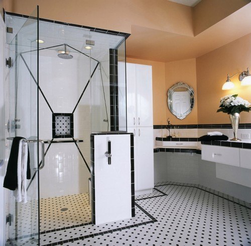 modern barrier free bathroom with black and white tiles