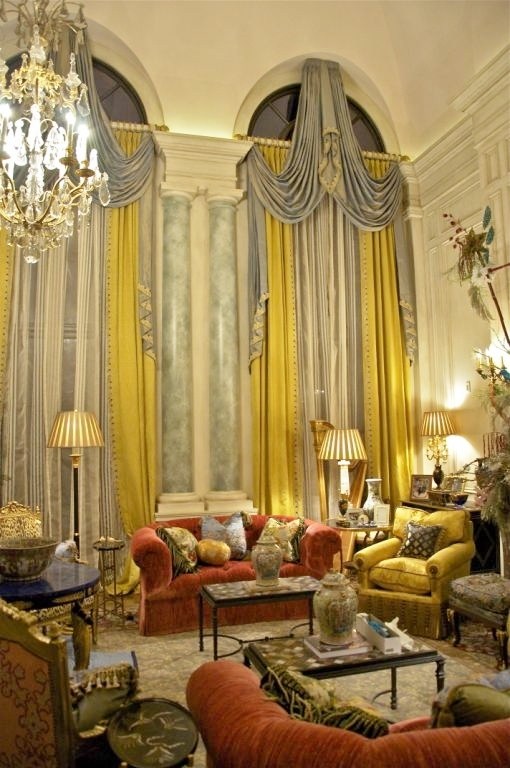 arched windows in gold curtains