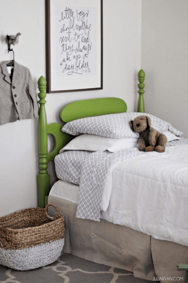 Bright green headboard is one of the green decorating ideas 
