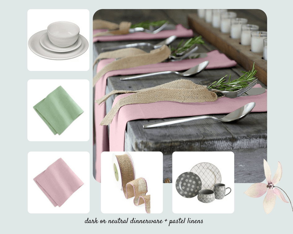 collage image of dinnerware, napkins and spring decorating ideas for table decor