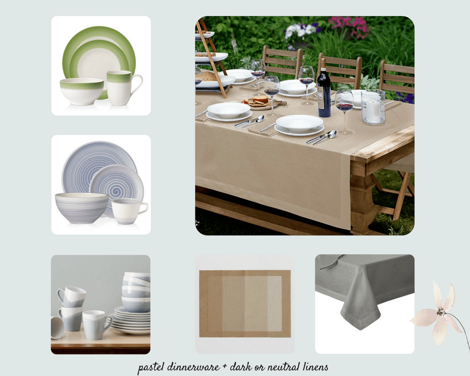 collage image of dinnerware and table linens for spring decorating ideas 