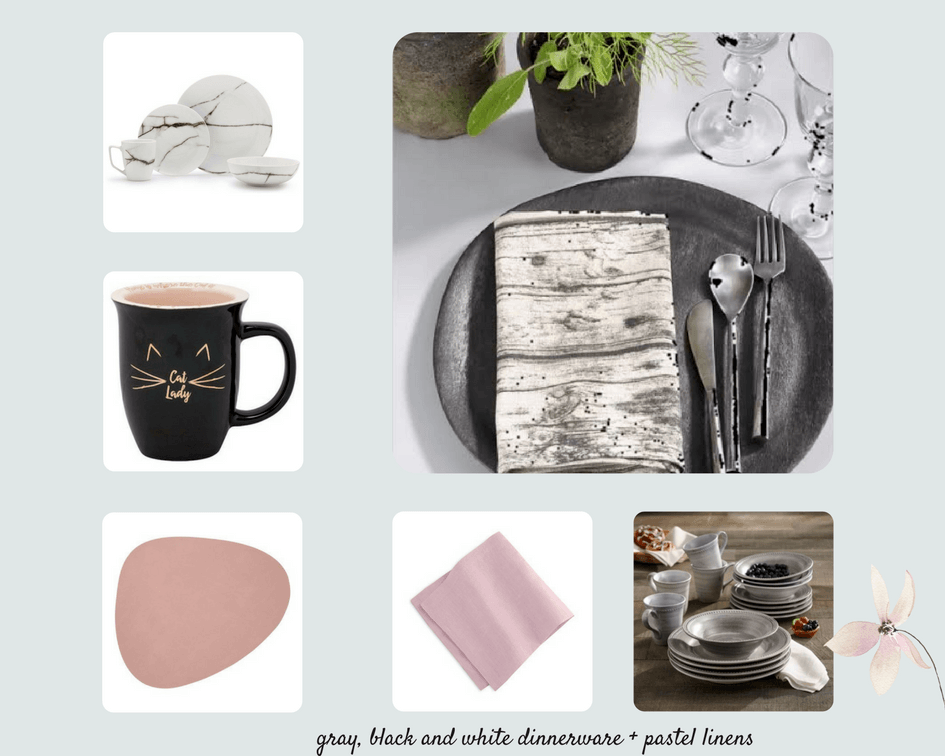 collage image of dinnerware, placemat and napkin for spring decorating ideas 