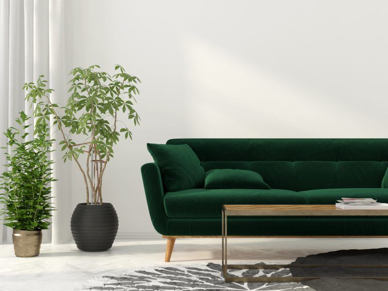 green modern sofa and charcoal and ivory rug 