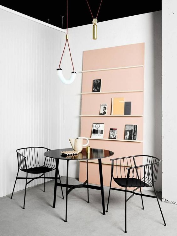 small dining room design and with a pink book organizer