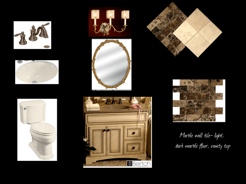 classic bathroom with ornate mirror and light fixtures and marble bathroom tiles