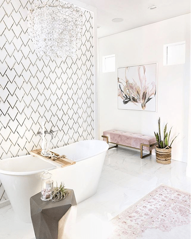 a bathroom with geometric modern tiles 