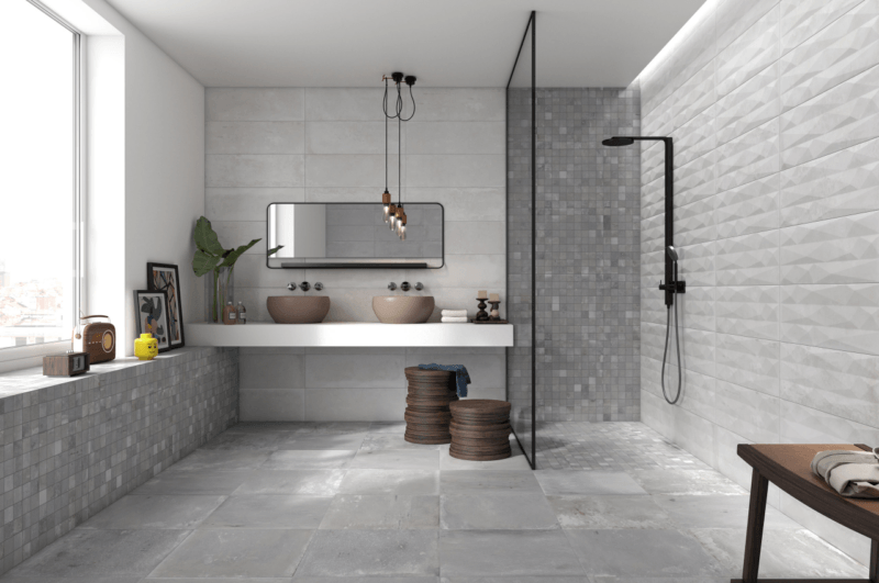 gray industrial tile in the shower 