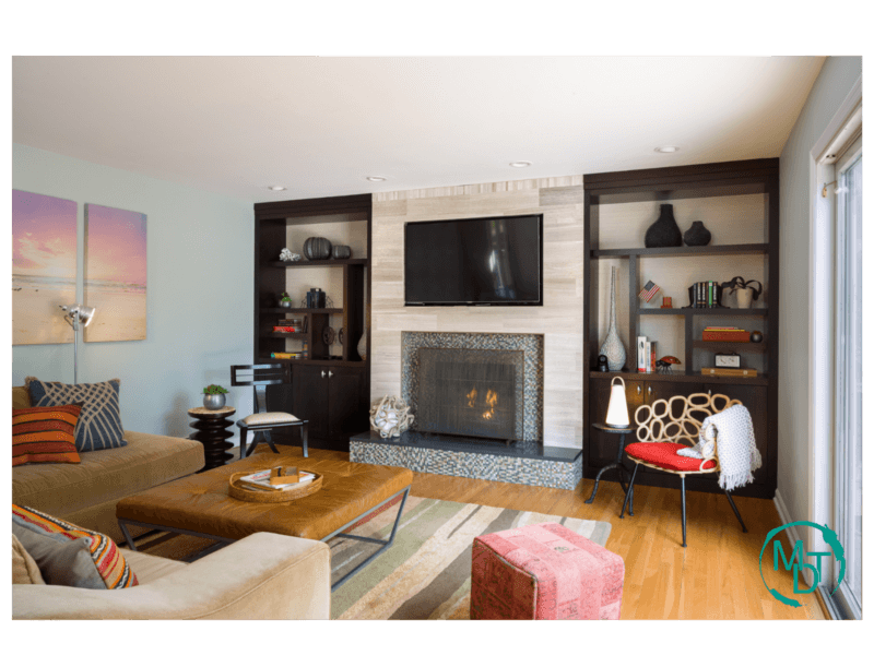 photo from Marina Klima award winning design work. Living room with shelving styled. 